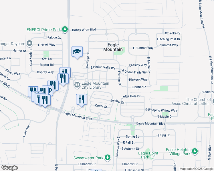 map of restaurants, bars, coffee shops, grocery stores, and more near 4286 Angies Alley in Eagle Mountain