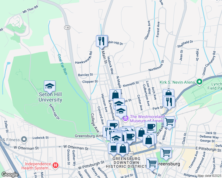 map of restaurants, bars, coffee shops, grocery stores, and more near 445 North Main Street in Greensburg