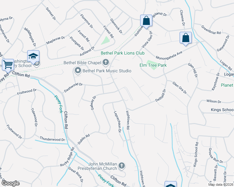 map of restaurants, bars, coffee shops, grocery stores, and more near 591 Galway Drive in Bethel Park