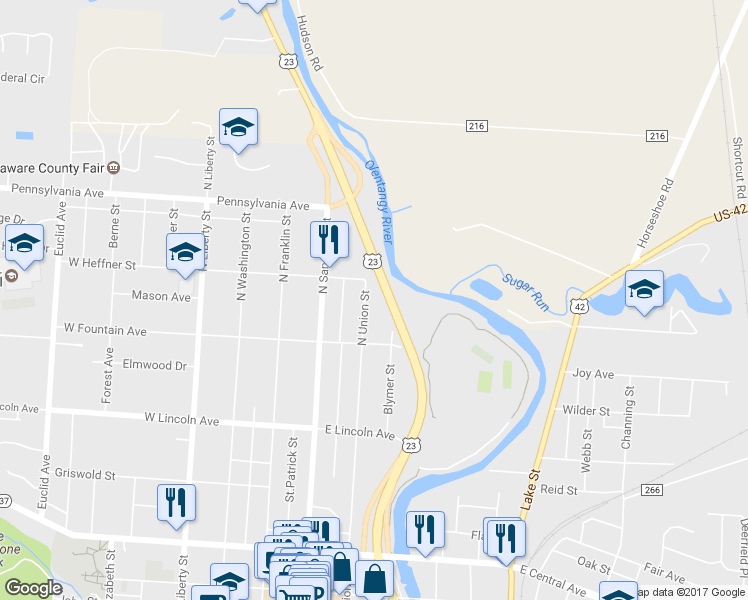 map of restaurants, bars, coffee shops, grocery stores, and more near 370 North Union Street in Delaware