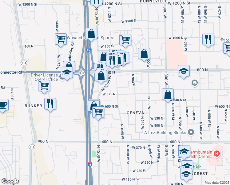 map of restaurants, bars, coffee shops, grocery stores, and more near 1098 West 675 North in Orem