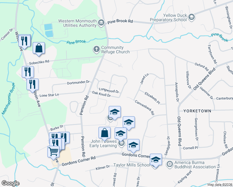 map of restaurants, bars, coffee shops, grocery stores, and more near 168 Longwood Drive in Manalapan Township