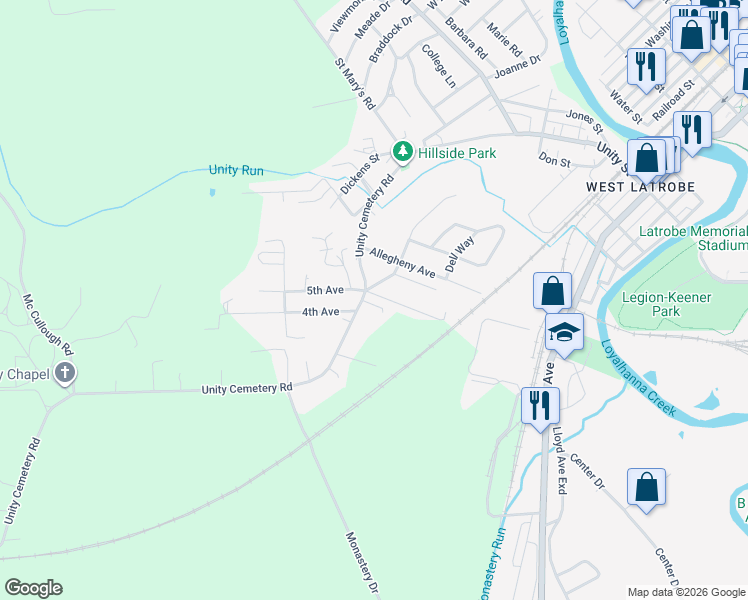 map of restaurants, bars, coffee shops, grocery stores, and more near 350 Unity Cemetery Road in Latrobe