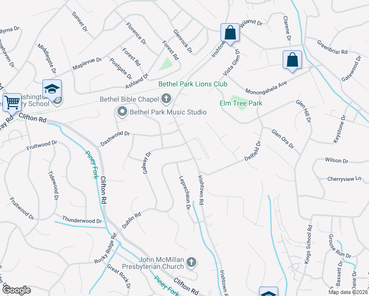 map of restaurants, bars, coffee shops, grocery stores, and more near 591 Galway Drive in Bethel Park