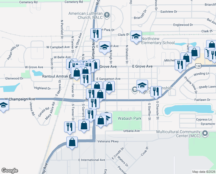 map of restaurants, bars, coffee shops, grocery stores, and more near 220 Marshall Street in Rantoul