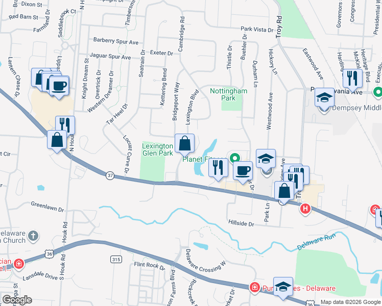 map of restaurants, bars, coffee shops, grocery stores, and more near 12 Lexington Boulevard in Delaware