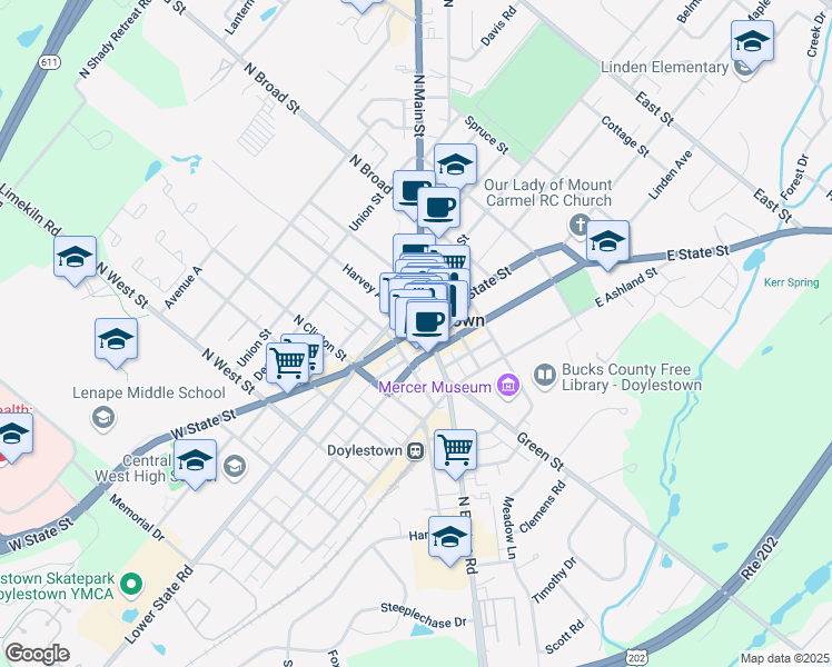 map of restaurants, bars, coffee shops, grocery stores, and more near 16 West State Street in Doylestown