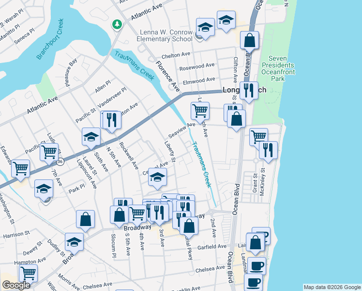 map of restaurants, bars, coffee shops, grocery stores, and more near 14 Ellis Avenue in Long Branch