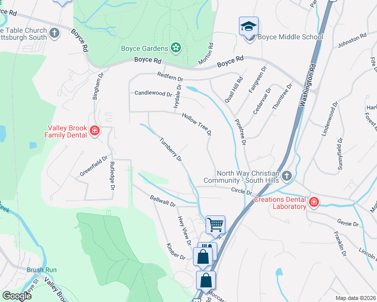 map of restaurants, bars, coffee shops, grocery stores, and more near 2671 Merryoak Lane in Pittsburgh