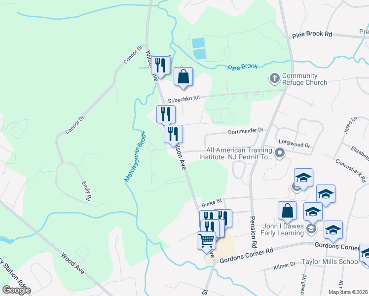 map of restaurants, bars, coffee shops, grocery stores, and more near 2 Lone Star Lane in Manalapan Township