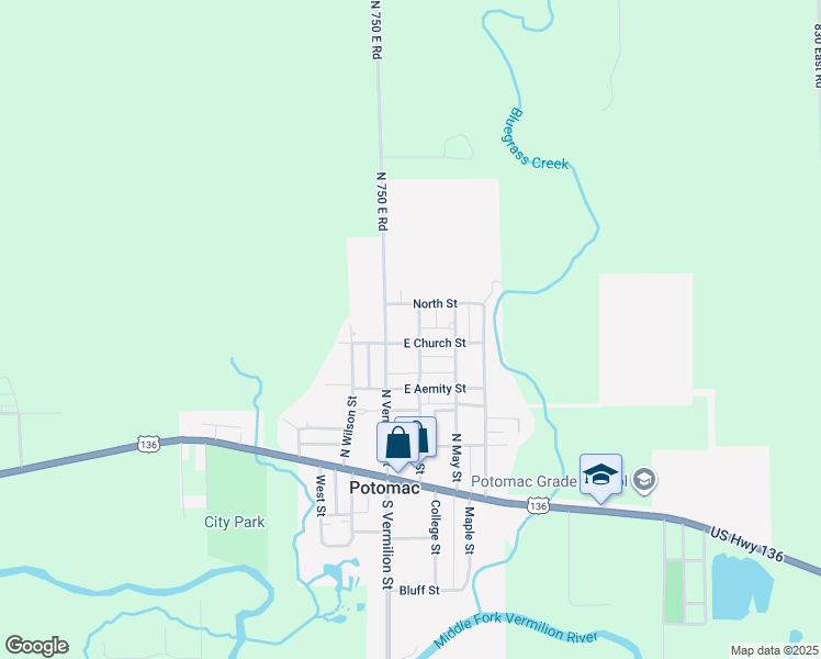 map of restaurants, bars, coffee shops, grocery stores, and more near 105 East Church Street in Potomac