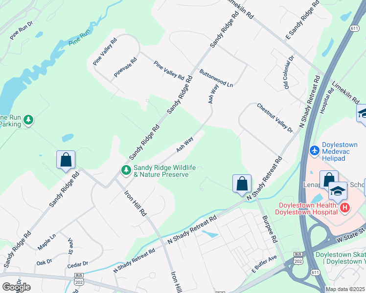 map of restaurants, bars, coffee shops, grocery stores, and more near 145 Ash Way in Doylestown