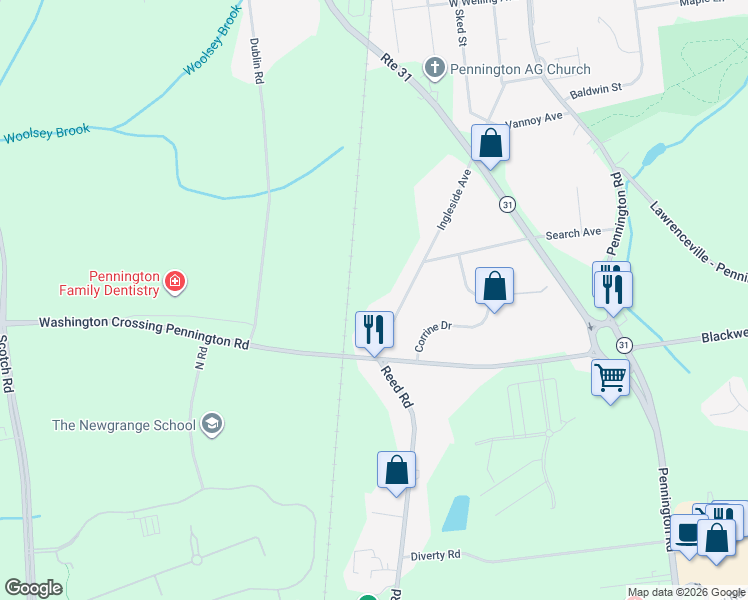 map of restaurants, bars, coffee shops, grocery stores, and more near 214 Ingleside Avenue in Pennington