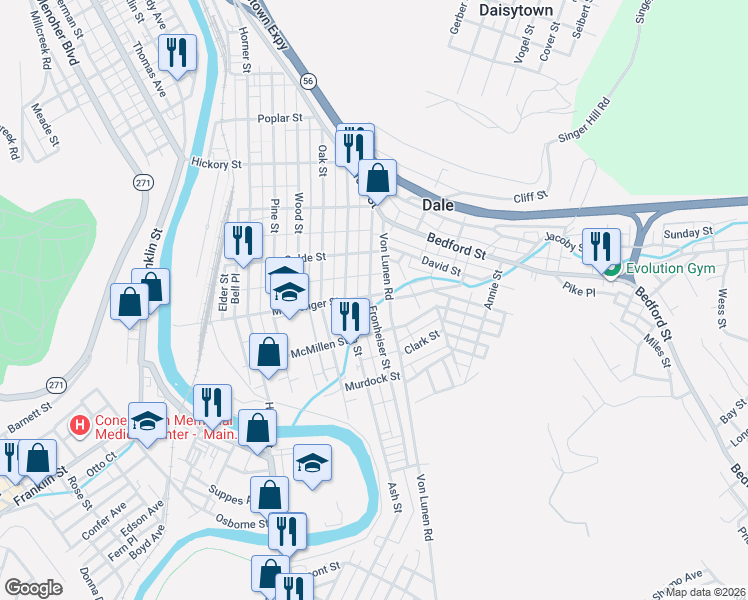 map of restaurants, bars, coffee shops, grocery stores, and more near 701-723 Ream Alley in Johnstown