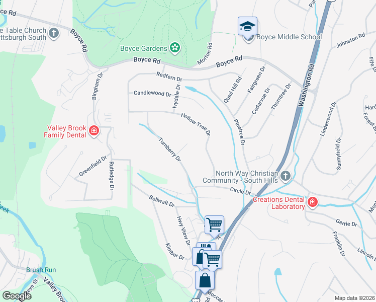 map of restaurants, bars, coffee shops, grocery stores, and more near 2671 Merryoak Lane in Pittsburgh