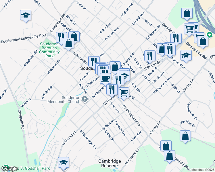 map of restaurants, bars, coffee shops, grocery stores, and more near 12 West Chestnut Street in Souderton