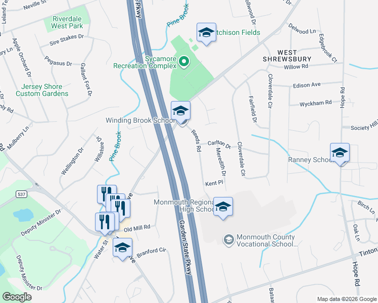 map of restaurants, bars, coffee shops, grocery stores, and more near 40 Reeds Road in Tinton Falls