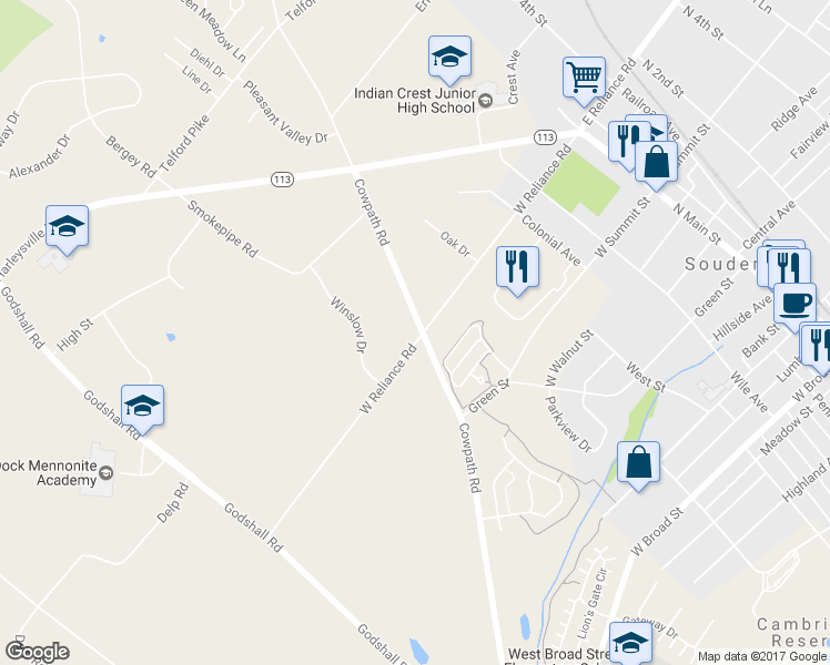 map of restaurants, bars, coffee shops, grocery stores, and more near 356 Cowpath Road in Souderton
