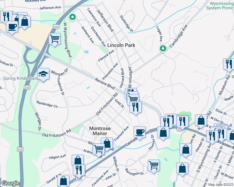 map of restaurants, bars, coffee shops, grocery stores, and more near 3 Old Fritztown Road in Reading