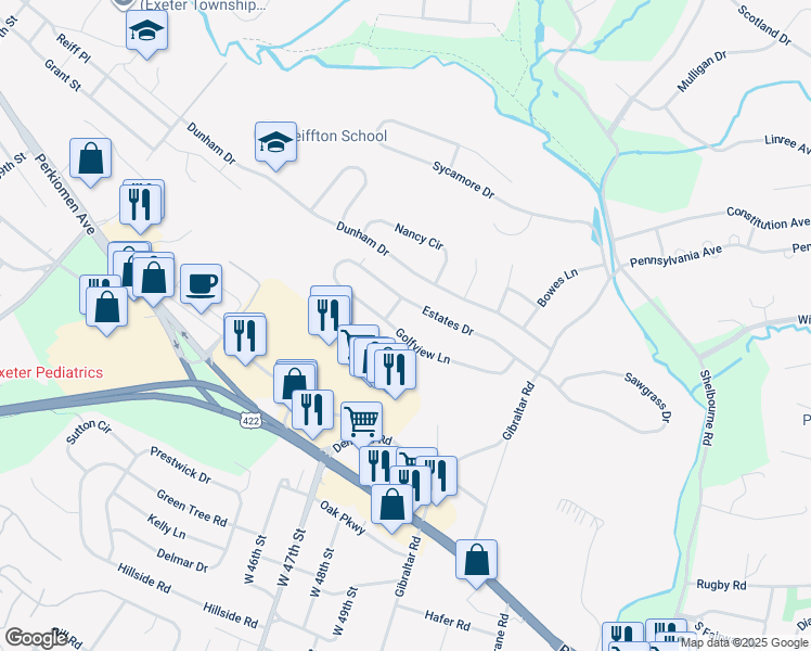 map of restaurants, bars, coffee shops, grocery stores, and more near 21 Golfview Lane in Reading