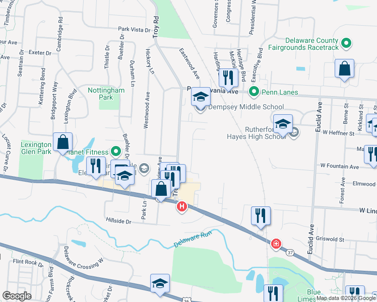 map of restaurants, bars, coffee shops, grocery stores, and more near 115 Georgetown Drive in Delaware