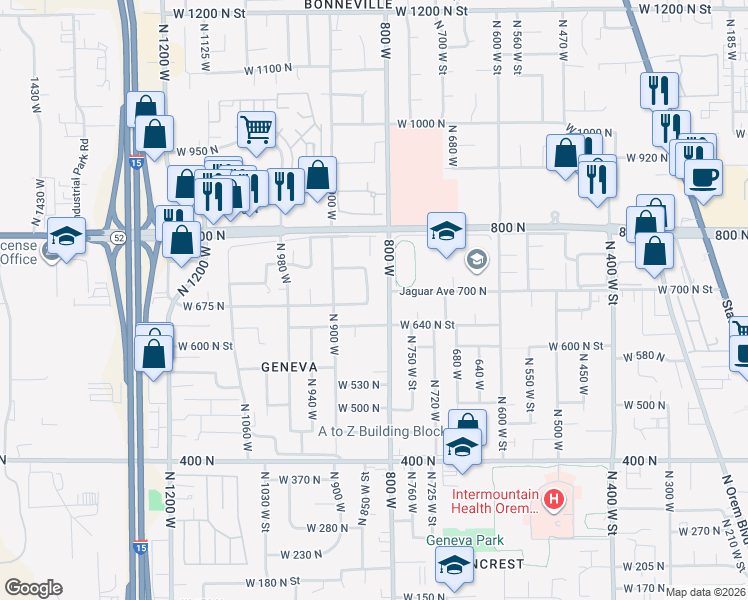 map of restaurants, bars, coffee shops, grocery stores, and more near 686 North 835 West in Orem