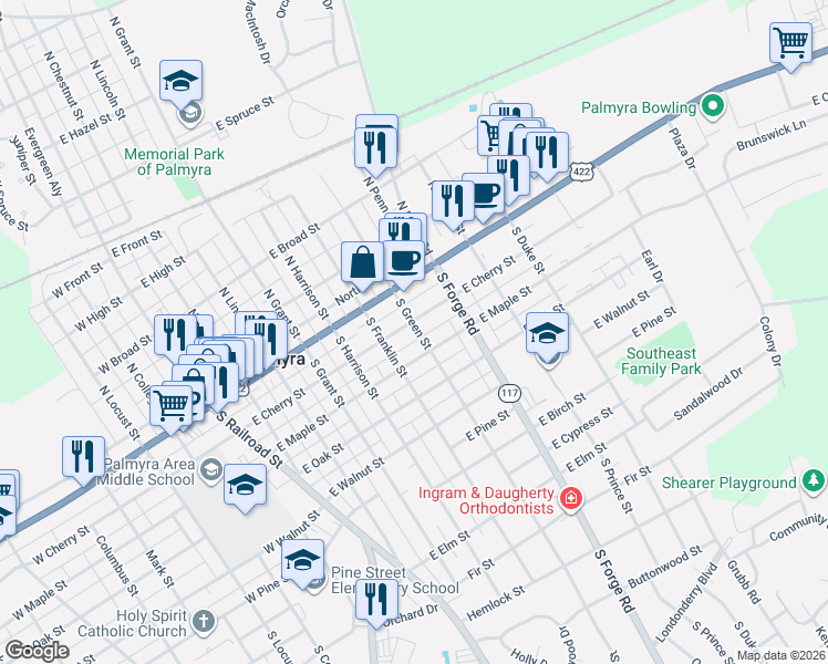 map of restaurants, bars, coffee shops, grocery stores, and more near 510 East Cherry Street in Palmyra