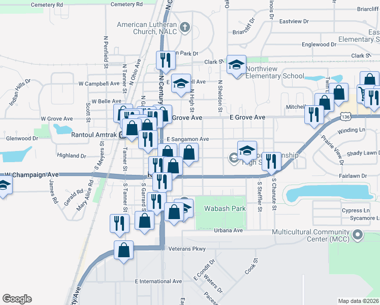map of restaurants, bars, coffee shops, grocery stores, and more near 220 Marshall Street in Rantoul