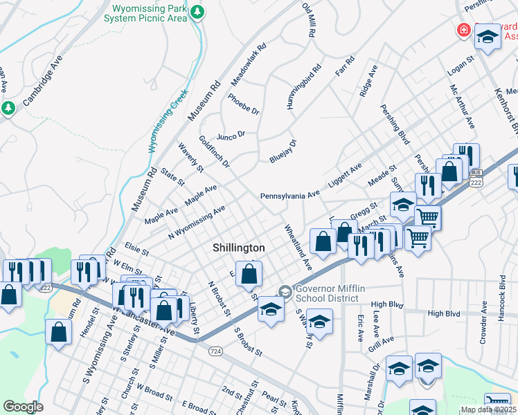 map of restaurants, bars, coffee shops, grocery stores, and more near 400 Wheatland Avenue in Shillington
