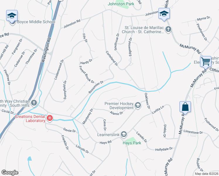 map of restaurants, bars, coffee shops, grocery stores, and more near 2608 Monterey Drive in Pittsburgh