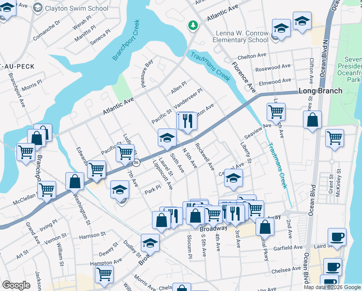 map of restaurants, bars, coffee shops, grocery stores, and more near 270 North 5th Avenue in Long Branch