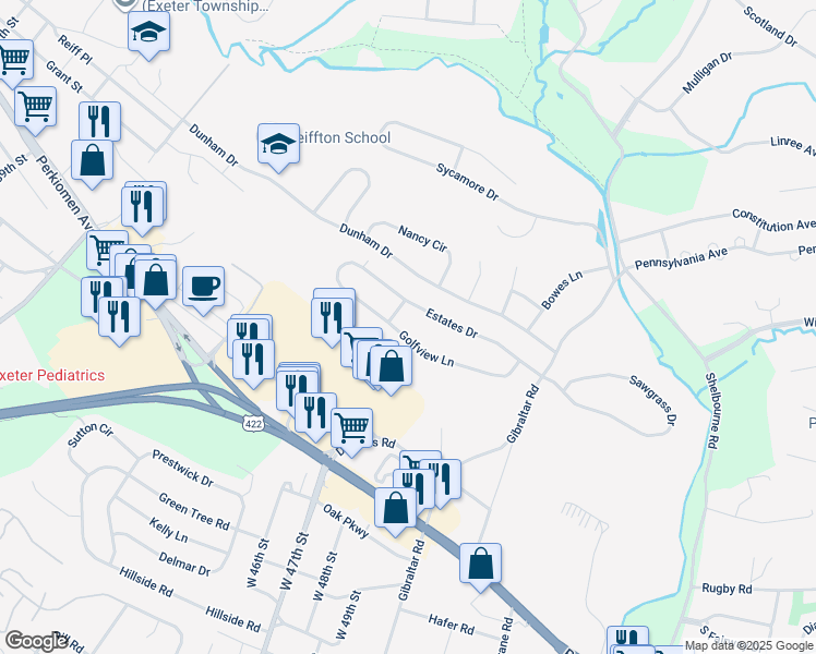 map of restaurants, bars, coffee shops, grocery stores, and more near 21 Golfview Lane in Reading
