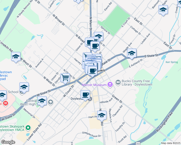 map of restaurants, bars, coffee shops, grocery stores, and more near 6 West State Street in Doylestown