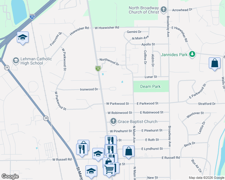 map of restaurants, bars, coffee shops, grocery stores, and more near 140 Village Green Drive in Sidney