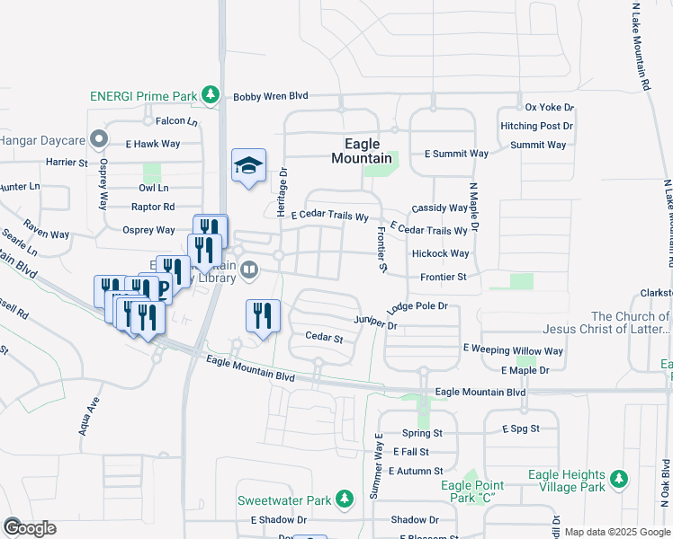 map of restaurants, bars, coffee shops, grocery stores, and more near 4286 Angies Alley in Eagle Mountain