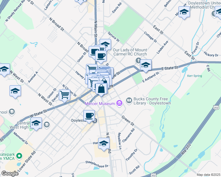 map of restaurants, bars, coffee shops, grocery stores, and more near 30 East Oakland Avenue in Doylestown