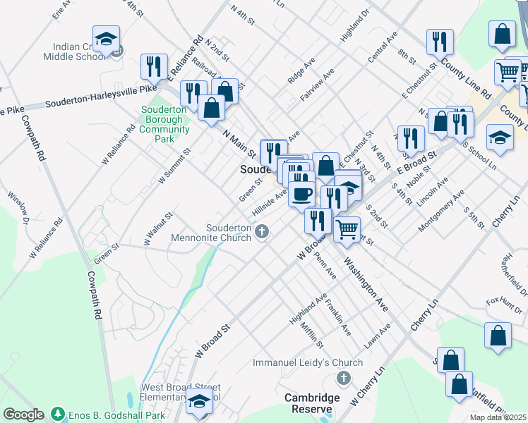 map of restaurants, bars, coffee shops, grocery stores, and more near 72 Hillside Avenue in Souderton
