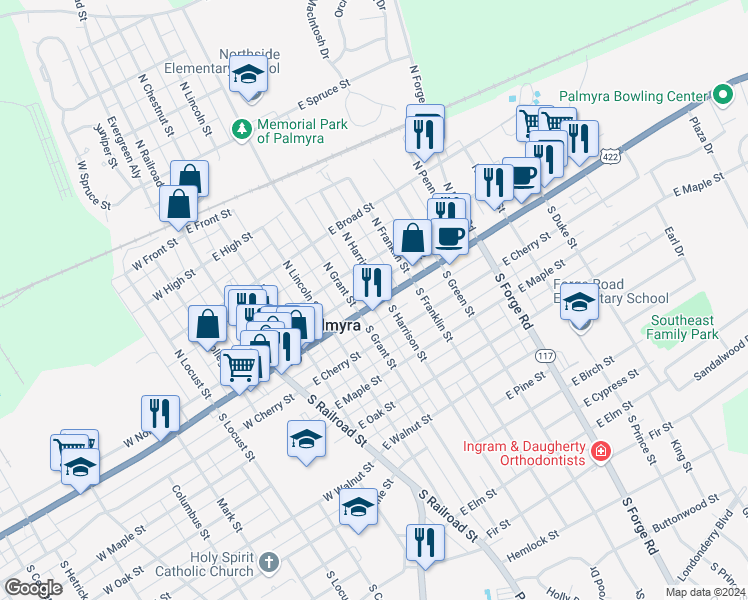 map of restaurants, bars, coffee shops, grocery stores, and more near 312 East Main Street in Palmyra
