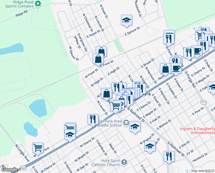 map of restaurants, bars, coffee shops, grocery stores, and more near 202 North College Street in Palmyra