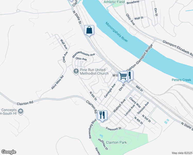 map of restaurants, bars, coffee shops, grocery stores, and more near 335 Pennsylvania Avenue in Clairton