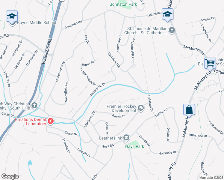 map of restaurants, bars, coffee shops, grocery stores, and more near 2608 Monterey Drive in Pittsburgh