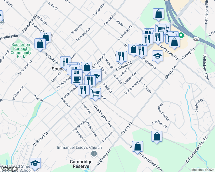 map of restaurants, bars, coffee shops, grocery stores, and more near 201 Noble Street in Souderton