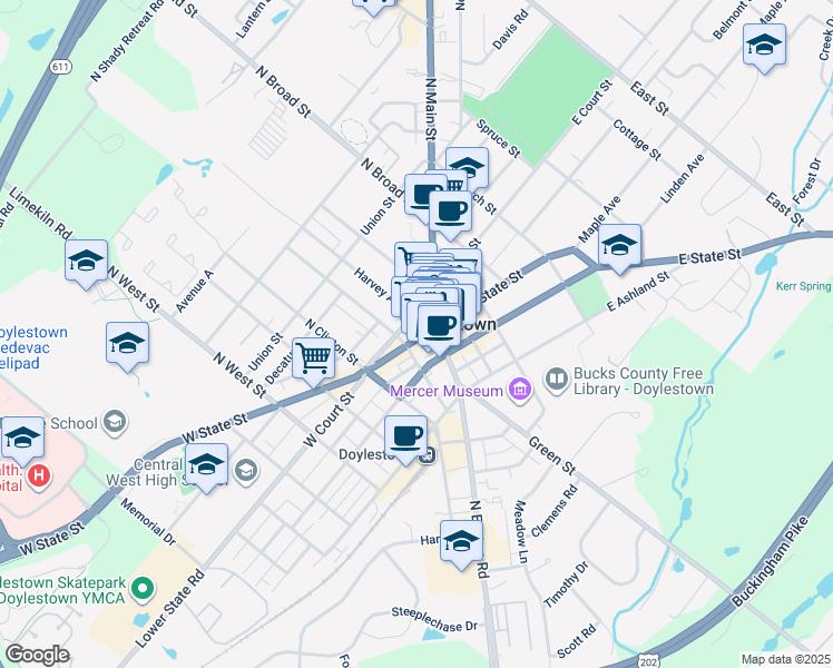 map of restaurants, bars, coffee shops, grocery stores, and more near in Doylestown