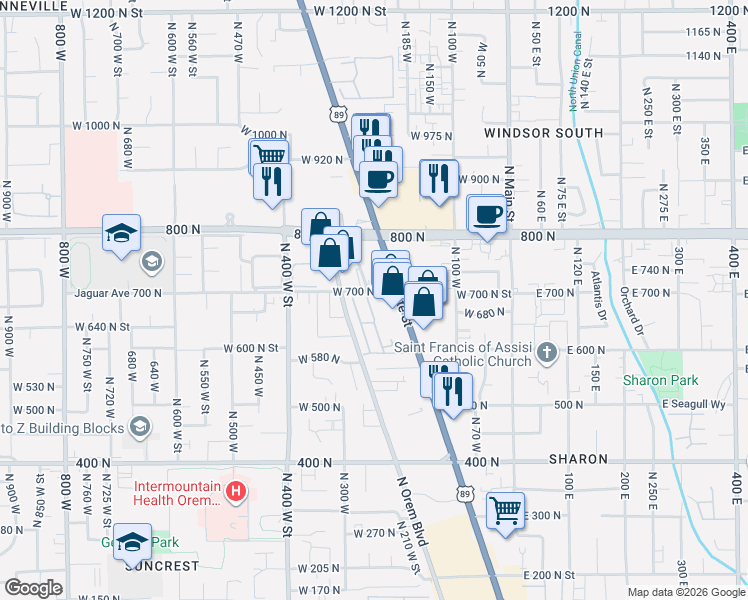 map of restaurants, bars, coffee shops, grocery stores, and more near 237 West 700 North Street in Orem