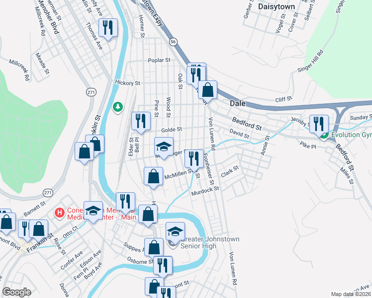 map of restaurants, bars, coffee shops, grocery stores, and more near 404 Messenger Street in Johnstown