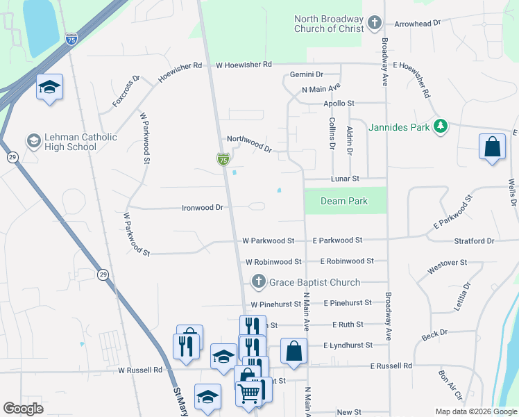 map of restaurants, bars, coffee shops, grocery stores, and more near 140 Village Green Drive in Sidney
