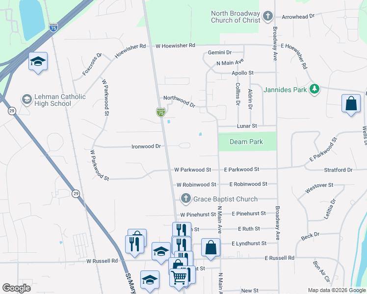 map of restaurants, bars, coffee shops, grocery stores, and more near 140 Village Green Drive in Sidney