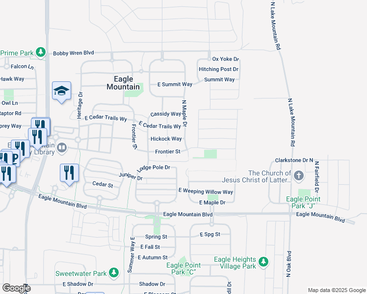 map of restaurants, bars, coffee shops, grocery stores, and more near 2186 Frontier Street in Eagle Mountain