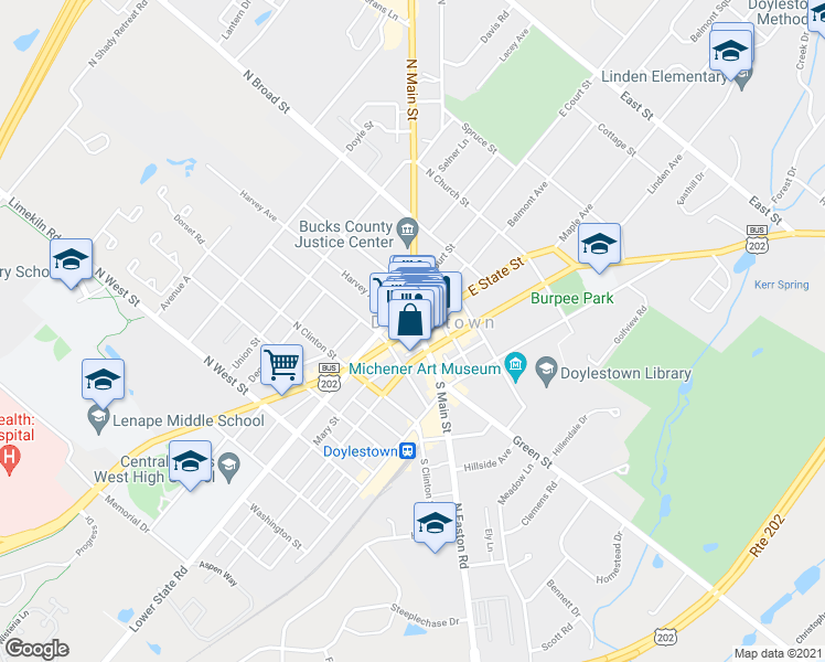 map of restaurants, bars, coffee shops, grocery stores, and more near 4 West State Street in Doylestown