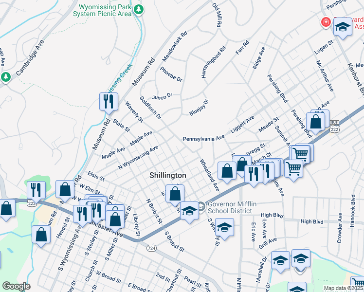 map of restaurants, bars, coffee shops, grocery stores, and more near 400 Wheatland Avenue in Shillington